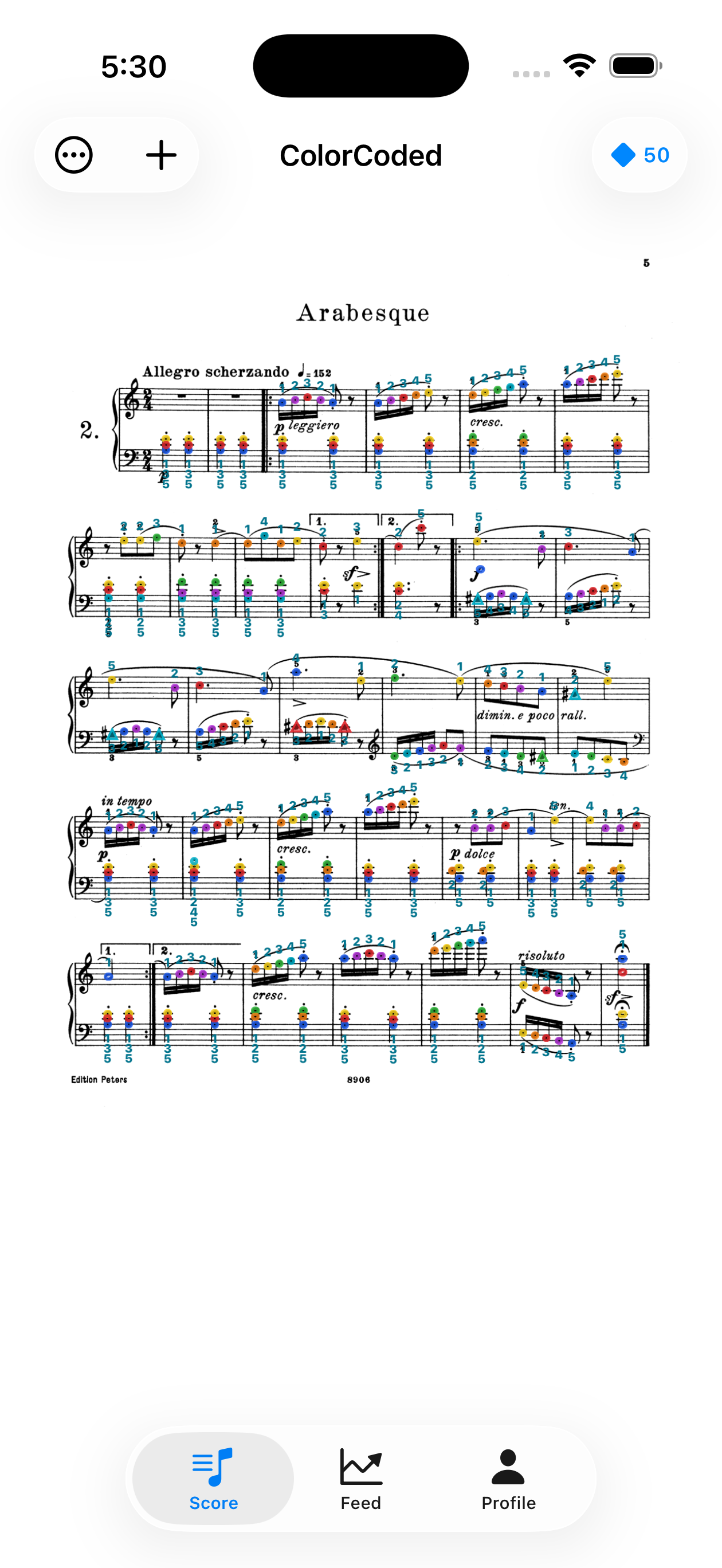 Final color-coded score with fingering